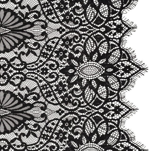 Corded Lace with Finished Edges - Black Fanciful Floral Ogees