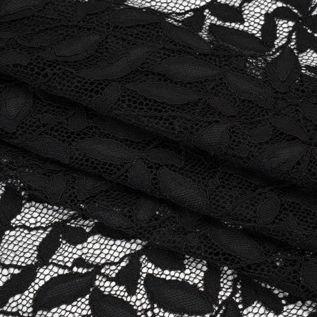 Corded Lace Panel with Finished Scalloped Edges - Black Leafy Stems