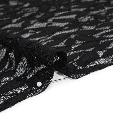 Corded Lace Panel with Finished Scalloped Edges - Black Leafy Stems