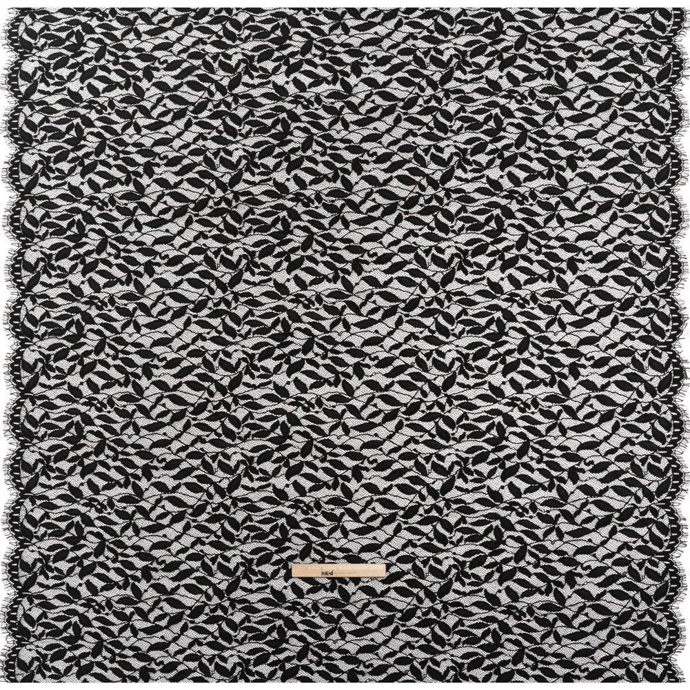 Corded Lace Panel with Finished Scalloped Edges - Black Leafy Stems