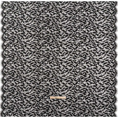 Corded Lace Panel with Finished Scalloped Edges - Black Leafy Stems