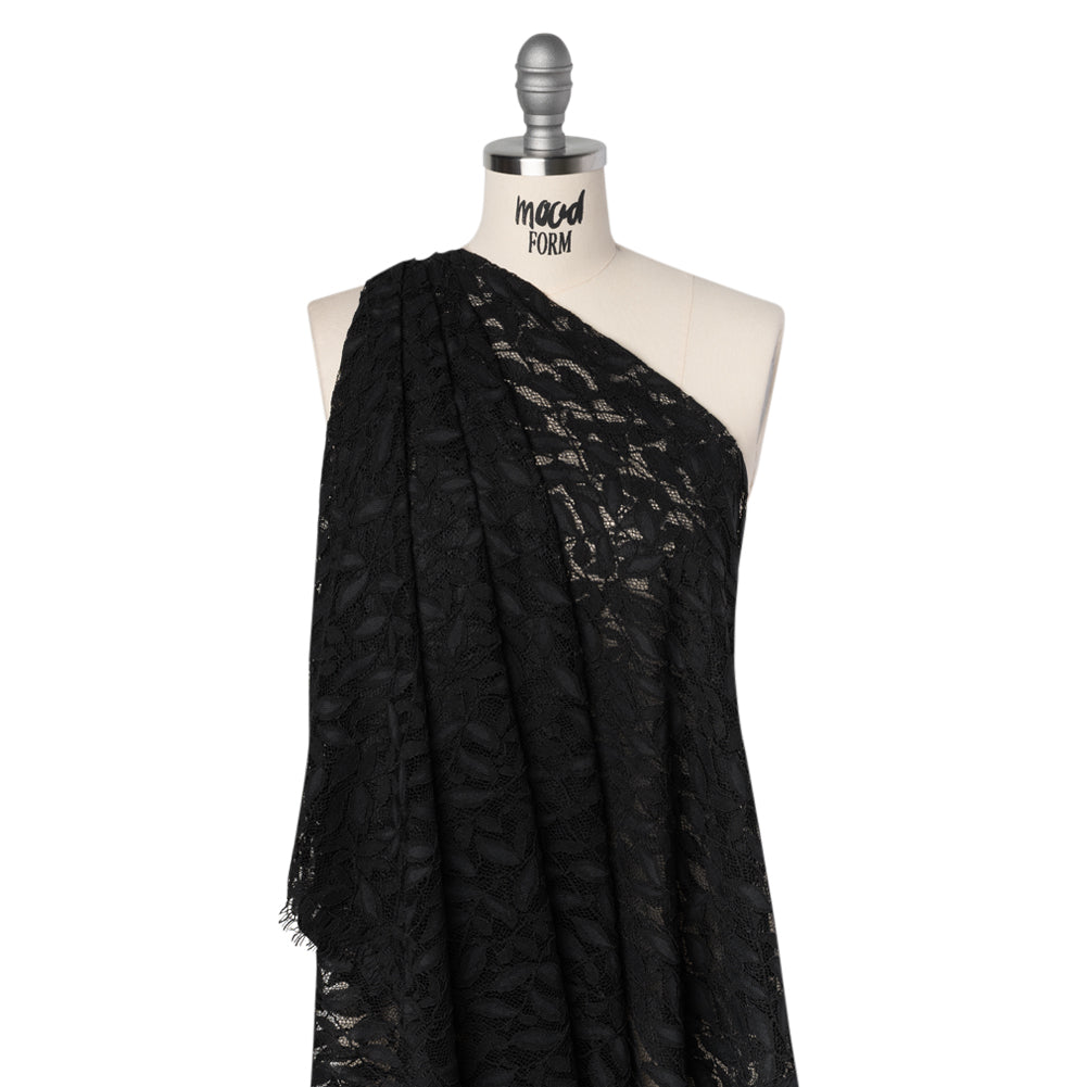 Corded Lace Panel with Finished Scalloped Edges - Black Leafy Stems