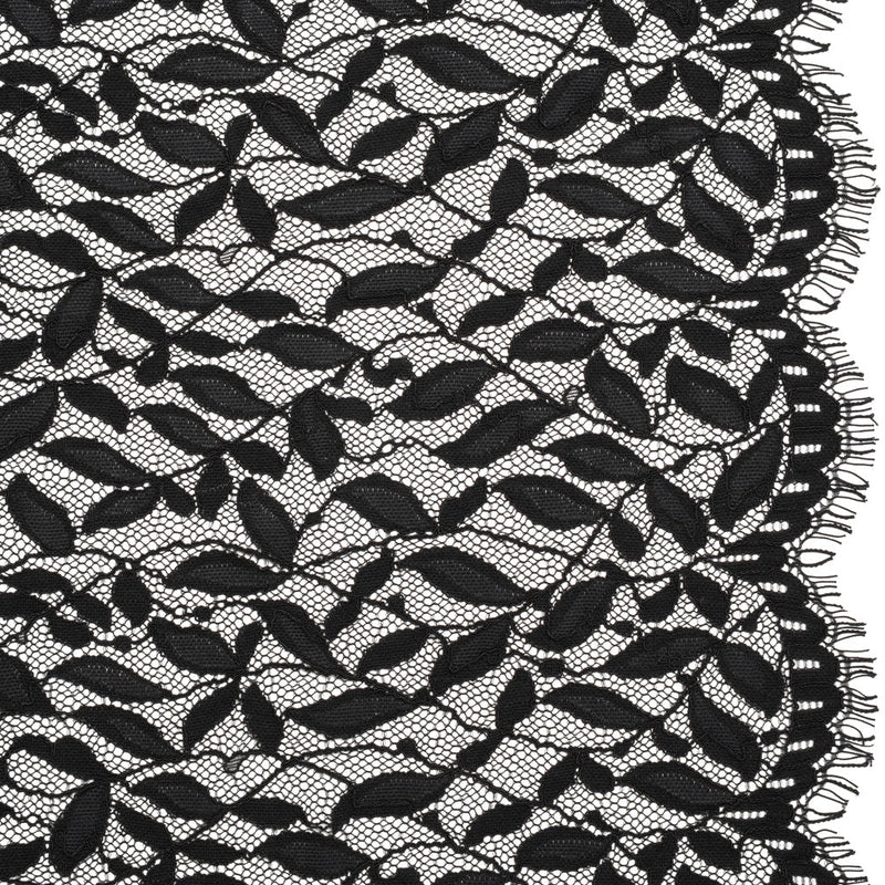 Corded Lace Panel with Finished Scalloped Edges - Black Leafy Stems