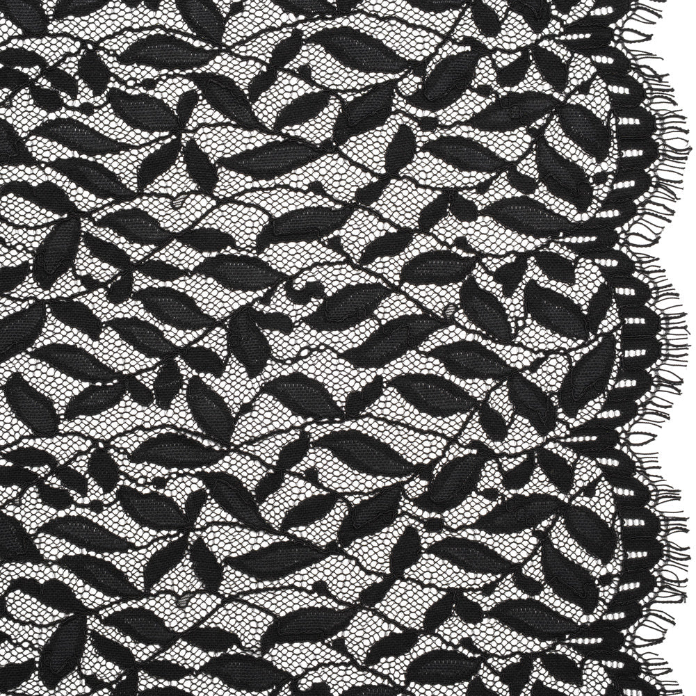 Corded Lace Panel with Finished Scalloped Edges - Black Leafy Stems