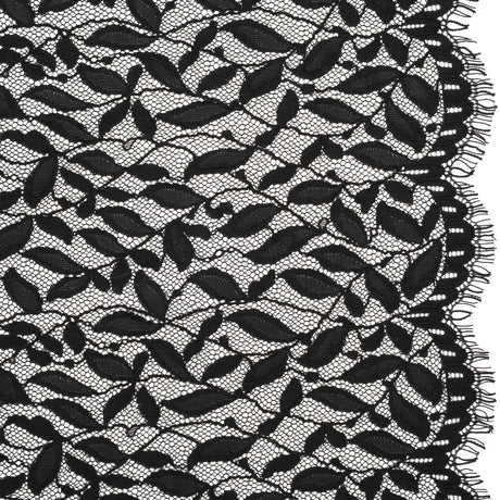 Corded Lace Panel with Finished Scalloped Edges - Black Leafy Stems