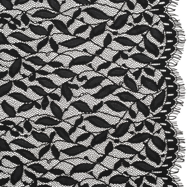 Corded Lace Panel with Finished Scalloped Edges - Black Leafy Stems