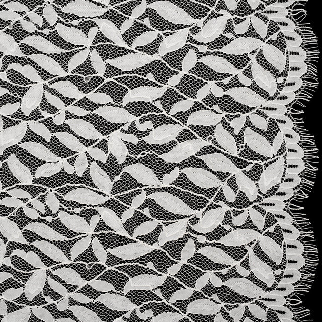 Corded Lace Panel with Finished Scalloped Edges - Ivory Leafy Stems