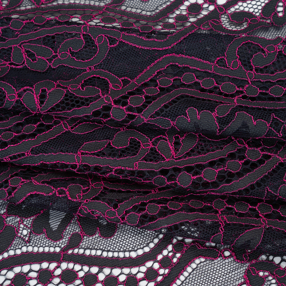 Corded Lace Panel with Finished Edges - Blue and Raspberry Rose Flowers, Dots and Wavy Lines