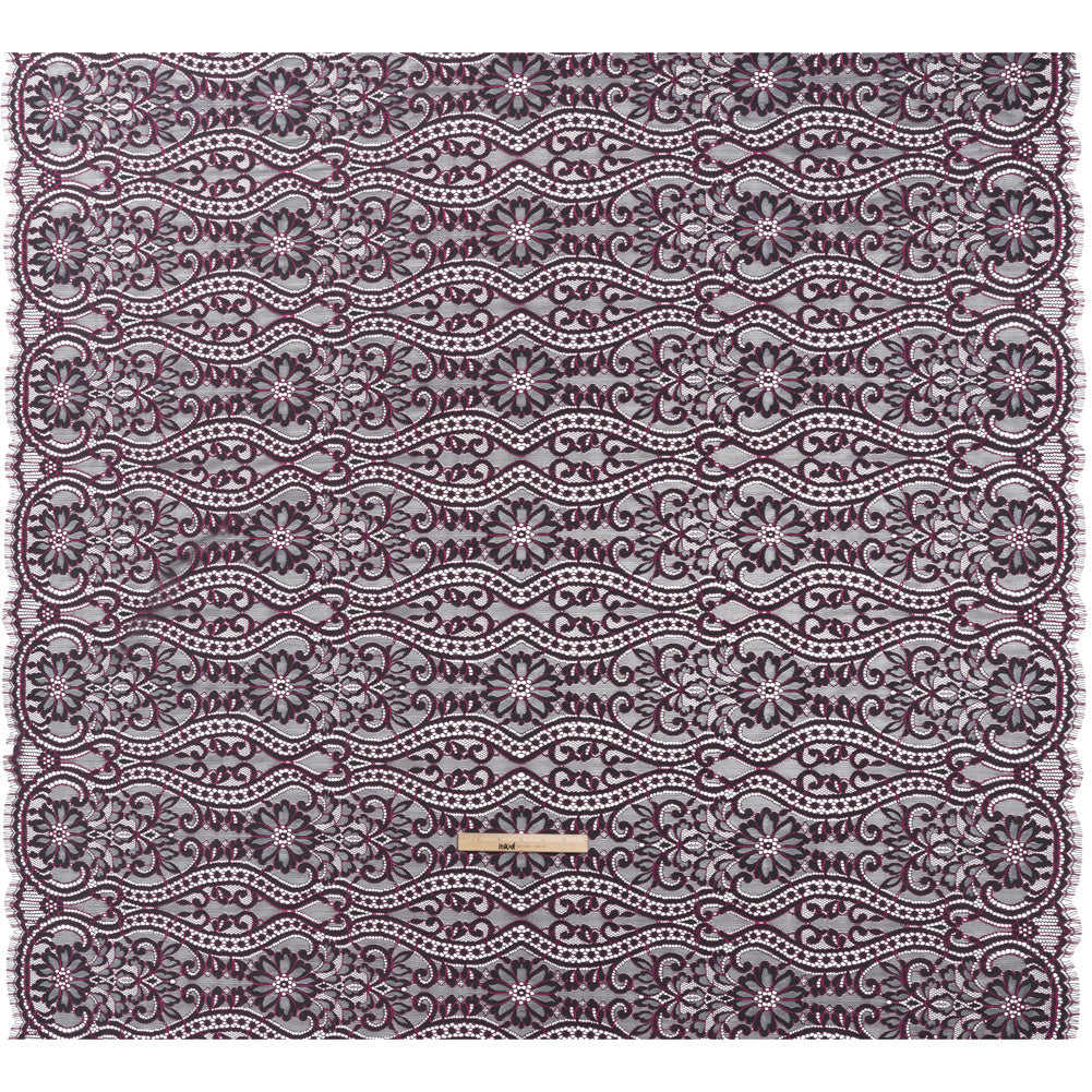 Corded Lace Panel with Finished Edges - Blue and Raspberry Rose Flowers, Dots and Wavy Lines