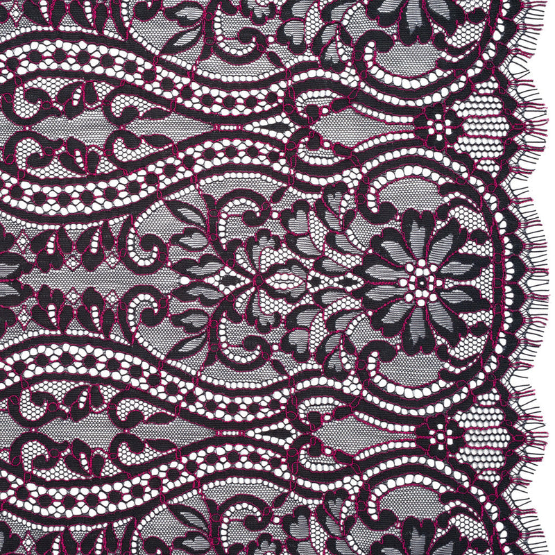 Corded Lace Panel with Finished Edges - Blue and Raspberry Rose Flowers, Dots and Wavy Lines