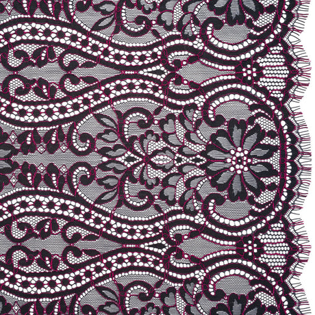 Corded Lace Panel with Finished Edges - Blue and Raspberry Rose Flowers, Dots and Wavy Lines