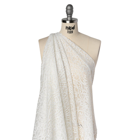 Corded Lace Panel with Finished Edges - Ivory Flowers, Dots and Wavy Lines