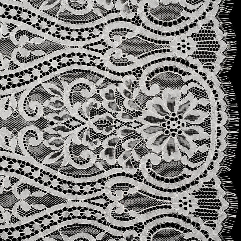 Corded Lace Panel with Finished Edges - Ivory Flowers, Dots and Wavy Lines
