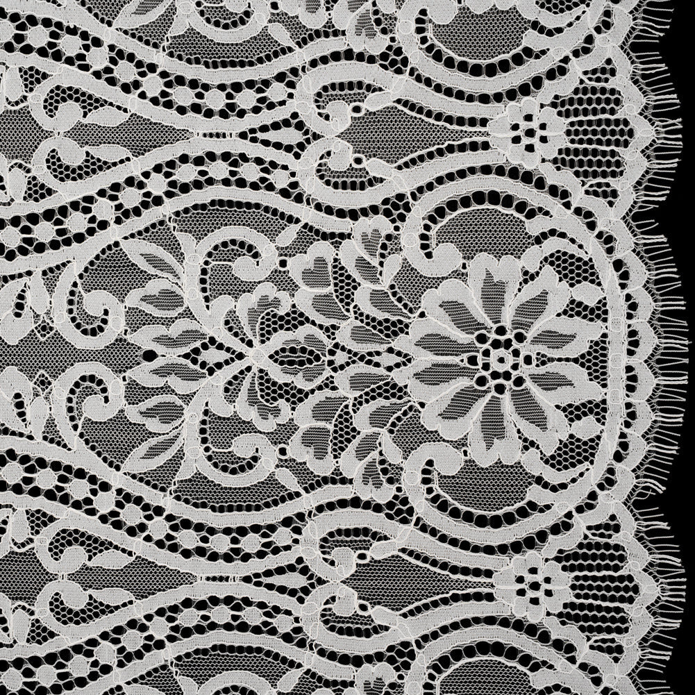Corded Lace Panel with Finished Edges - Ivory Flowers, Dots and Wavy Lines