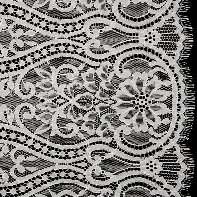 Corded Lace Panel with Finished Edges - Ivory Flowers, Dots and Wavy Lines