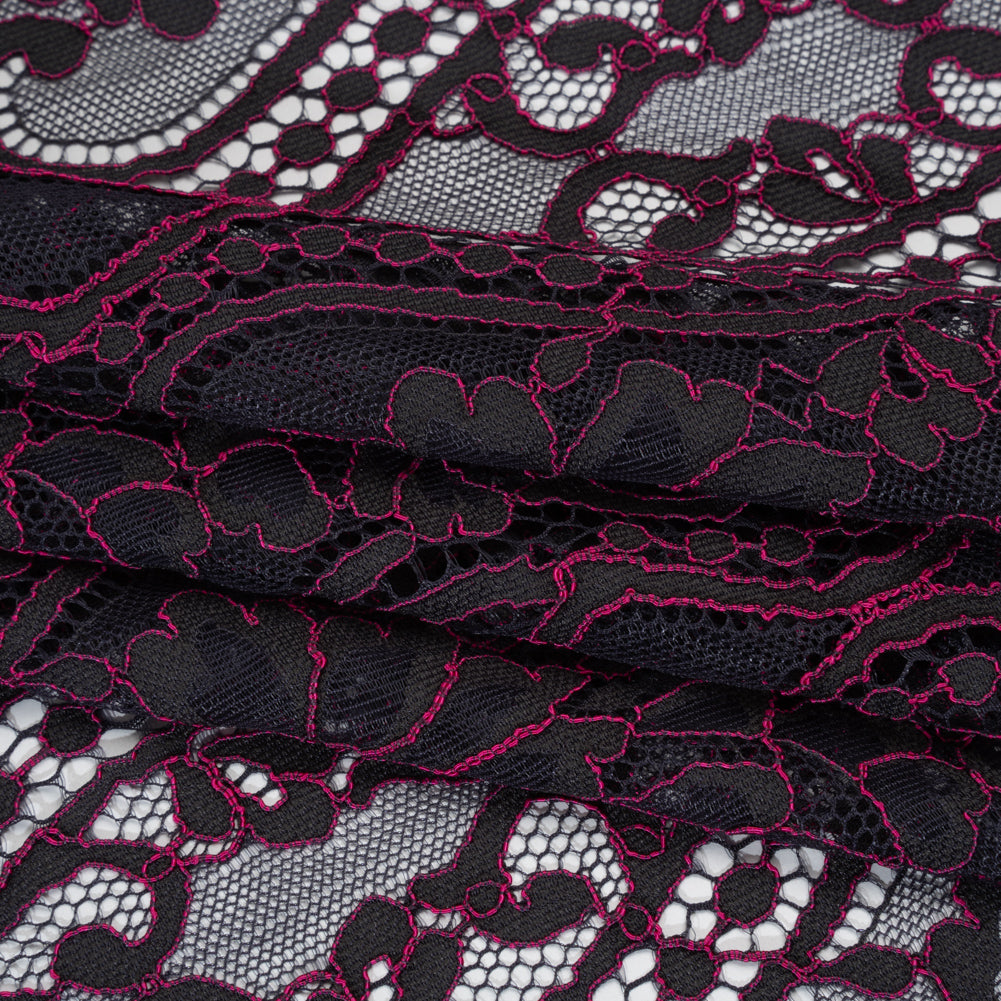 Corded Lace Narrow Panel with Finished Edges - Blue and Raspberry Rose Flowers, Dots and Wavy Lines