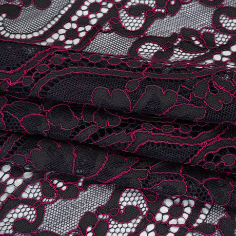 Corded Lace Narrow Panel with Finished Edges - Blue and Raspberry Rose Flowers, Dots and Wavy Lines