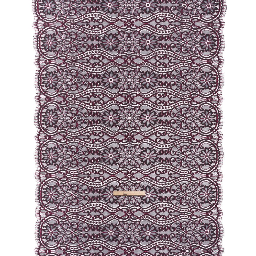Corded Lace Narrow Panel with Finished Edges - Blue and Raspberry Rose Flowers, Dots and Wavy Lines