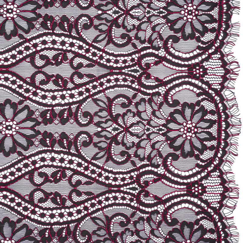 Corded Lace Narrow Panel with Finished Edges - Blue and Raspberry Rose Flowers, Dots and Wavy Lines