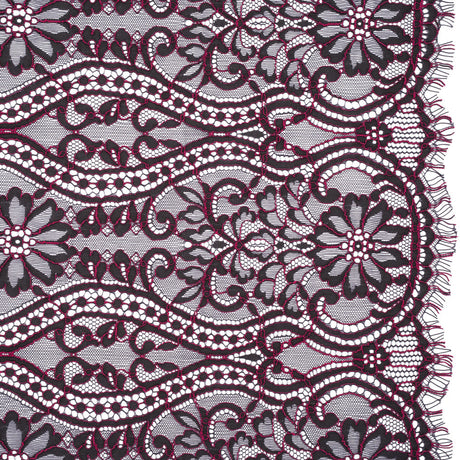 Corded Lace Narrow Panel with Finished Edges - Blue and Raspberry Rose Flowers, Dots and Wavy Lines