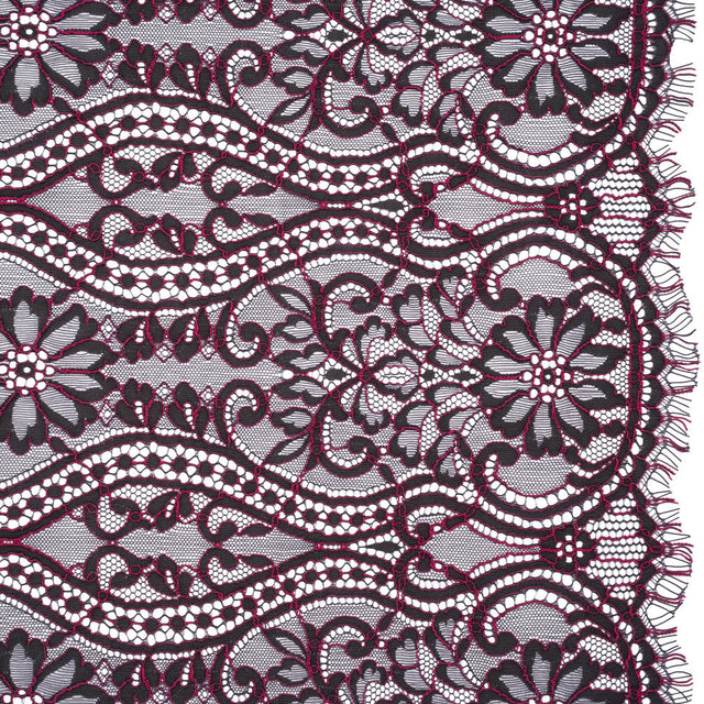 Corded Lace Narrow Panel with Finished Edges - Blue and Raspberry Rose Flowers, Dots and Wavy Lines