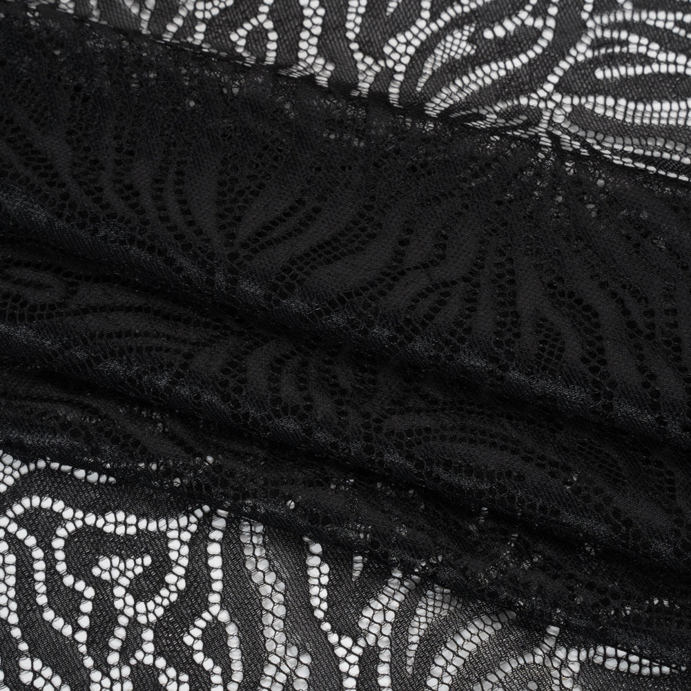 Fine Raschel Lace with Wavy Finished Edges - Black Abstracted Leaves