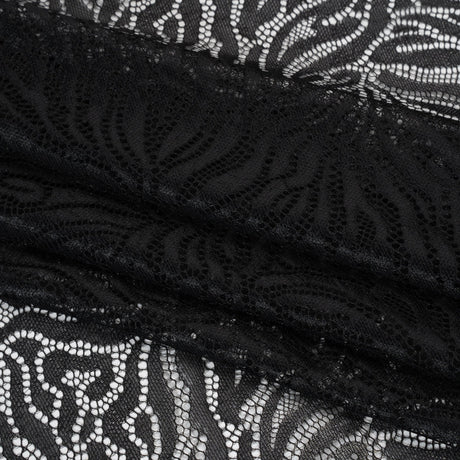 Fine Raschel Lace with Wavy Finished Edges - Black Abstracted Leaves