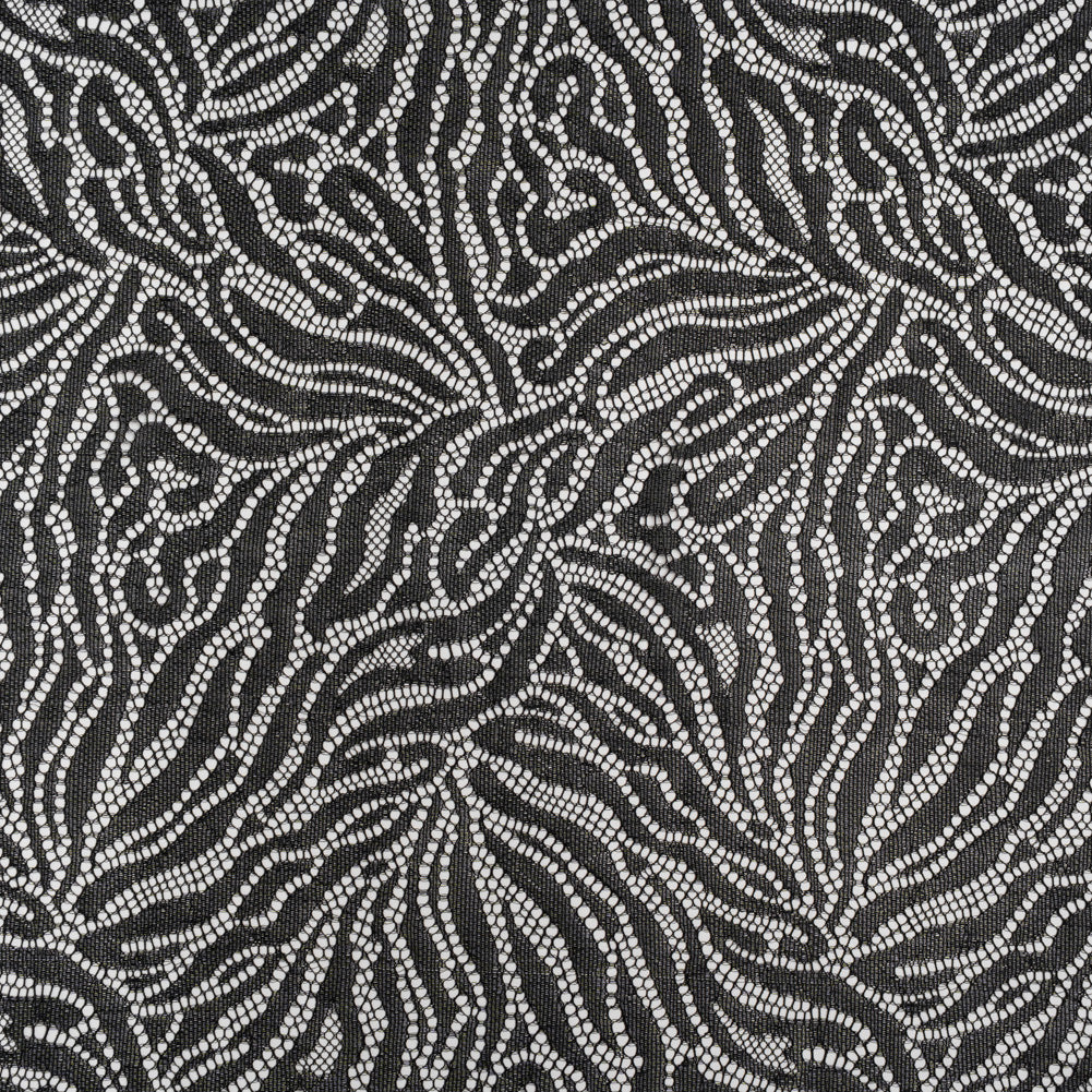 Fine Raschel Lace with Wavy Finished Edges - Black Abstracted Leaves