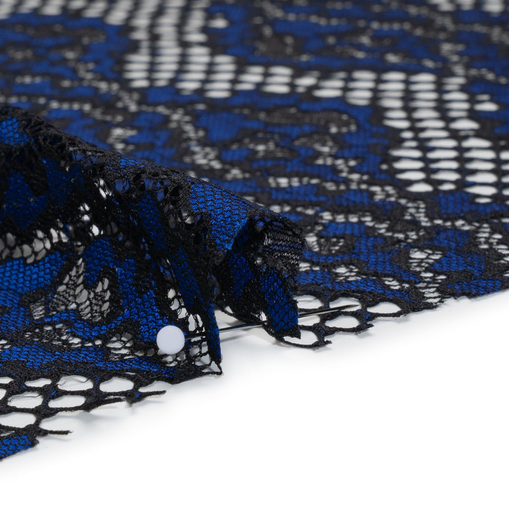 Raschel Lace with Organic Finished Edges - Black and Surf Blue Abstract Wavy Stripes