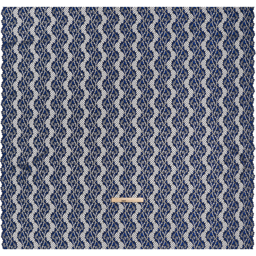 Raschel Lace with Organic Finished Edges - Black and Surf Blue Abstract Wavy Stripes