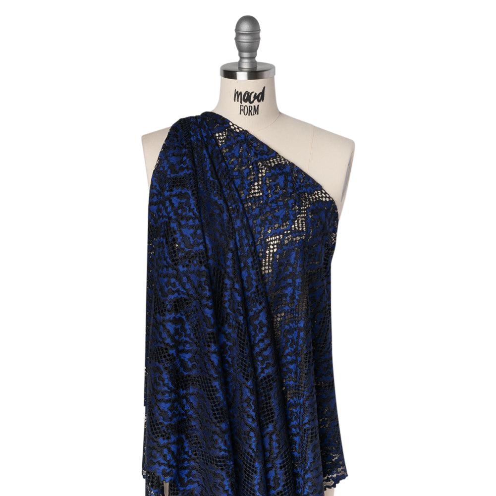 Raschel Lace with Organic Finished Edges - Black and Surf Blue Abstract Wavy Stripes