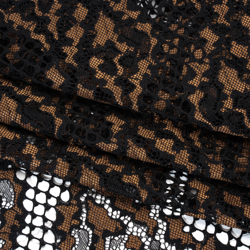 Raschel Lace with Organic Finished Edges - Black and Nude Abstract Wavy Stripes
