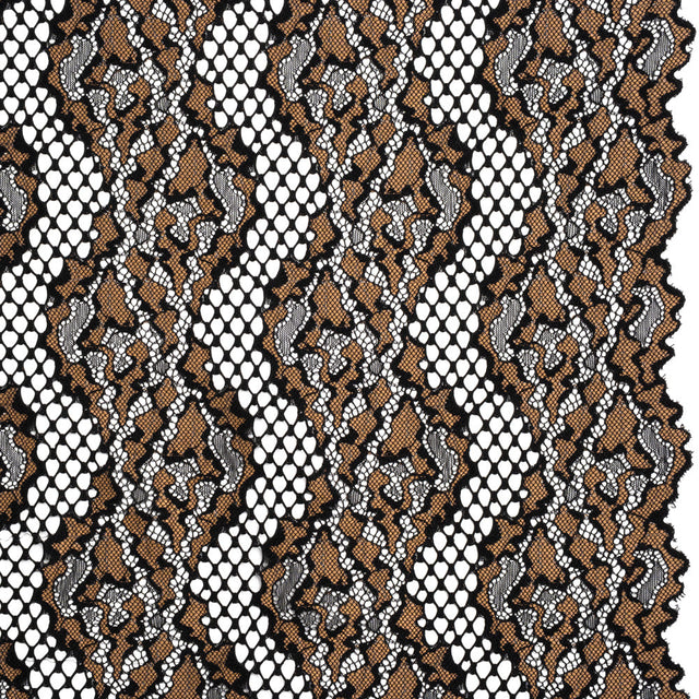 Raschel Lace with Organic Finished Edges - Black and Nude Abstract Wavy Stripes