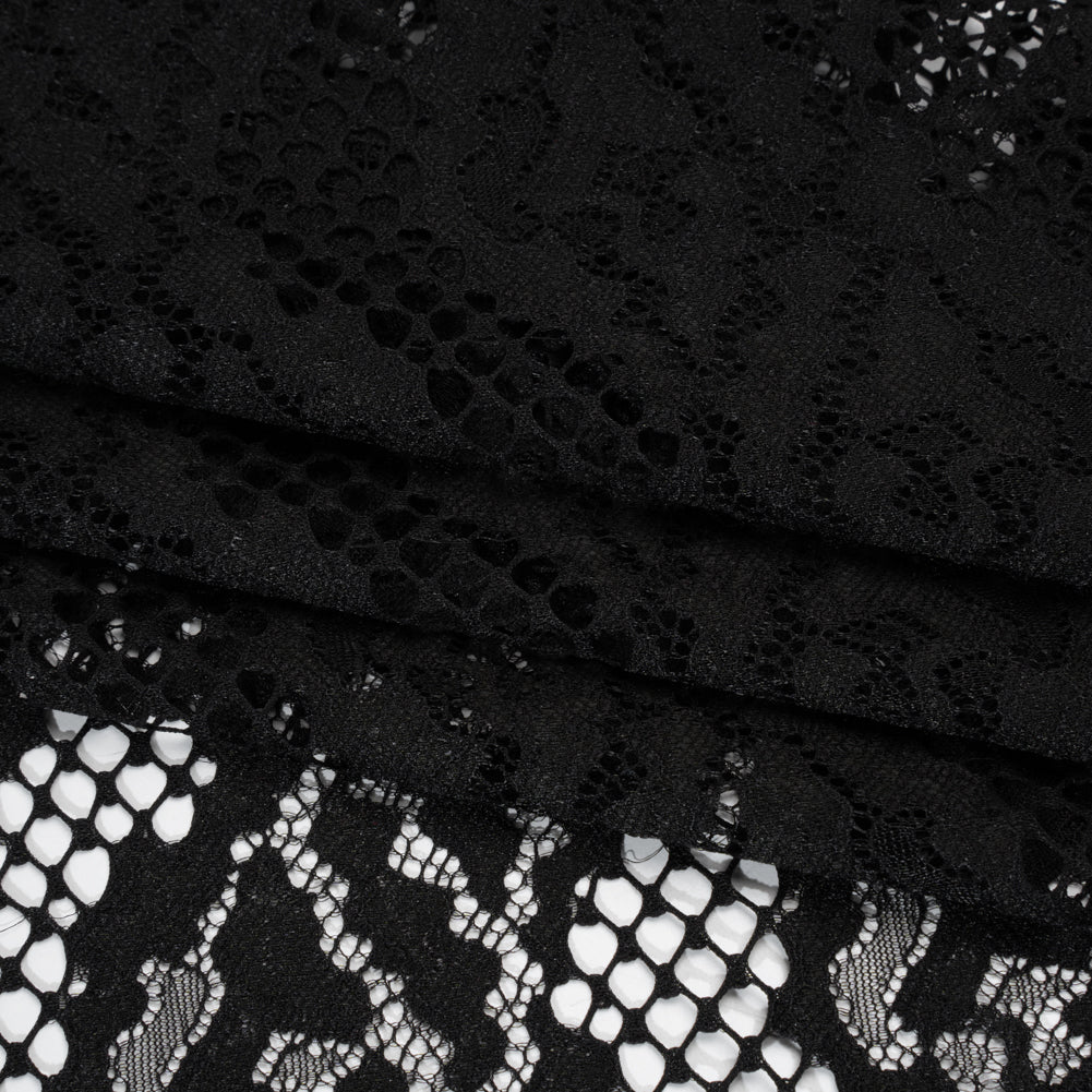 Raschel Lace with Organic Finished Edges - Black Abstract Wavy Stripes
