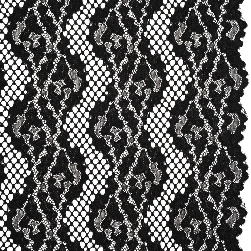 Raschel Lace with Organic Finished Edges - Black Abstract Wavy Stripes