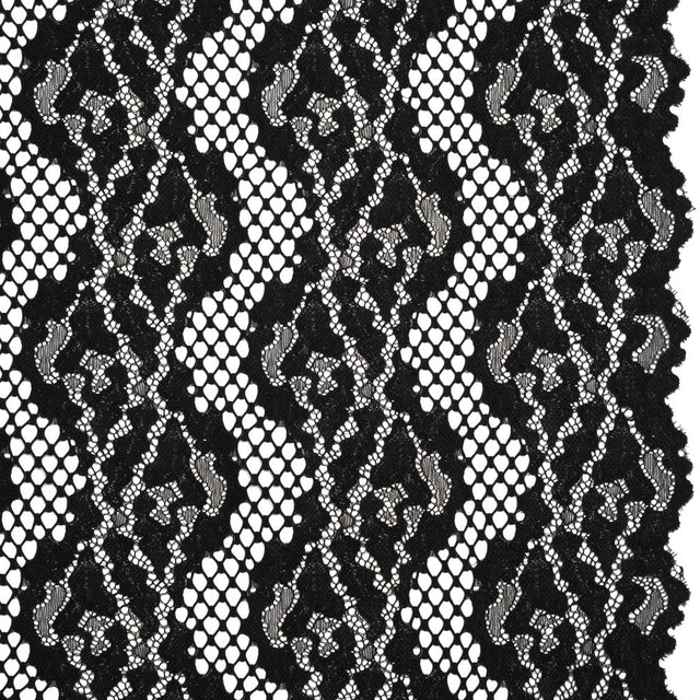 Raschel Lace with Organic Finished Edges - Black Abstract Wavy Stripes