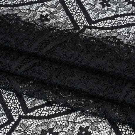 Raschel Lace Panel with Finished Edges - Black Geometric and Floral