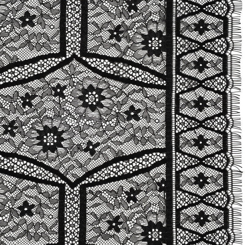 Raschel Lace Panel with Finished Edges - Black Geometric and Floral