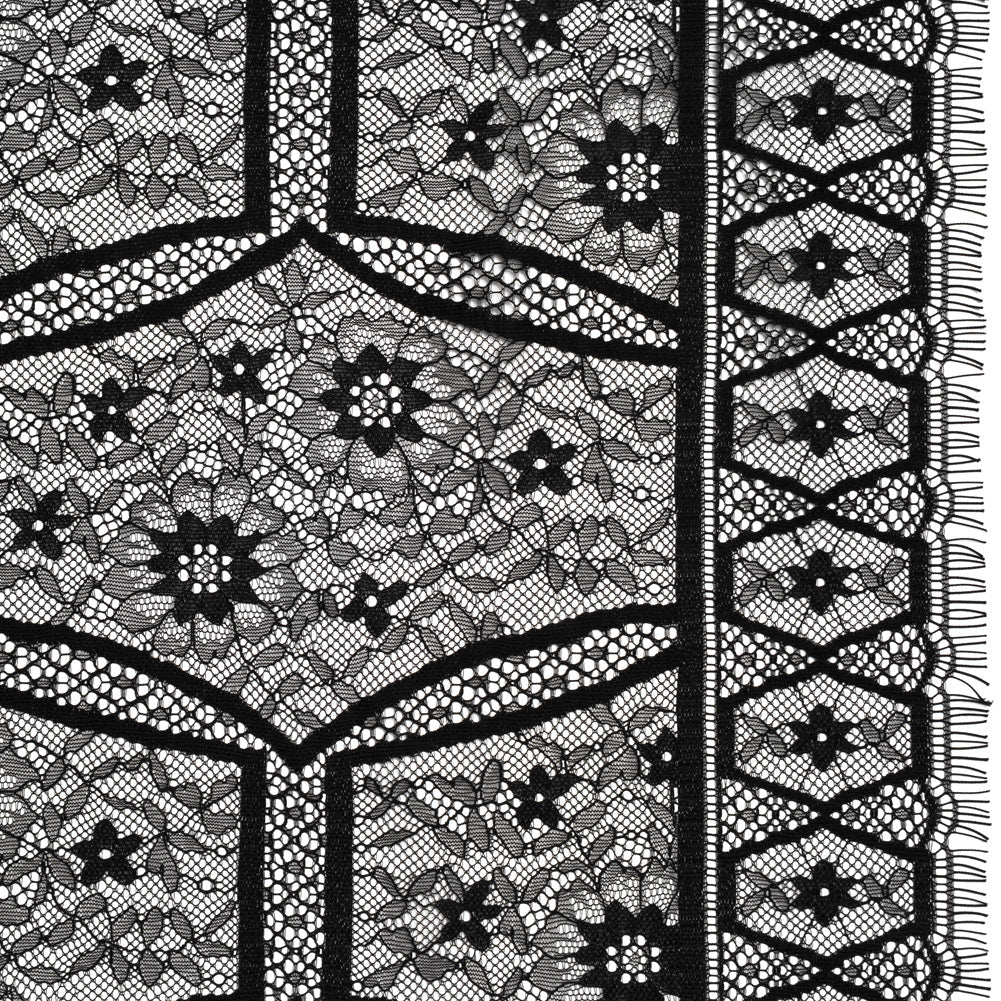 Raschel Lace Panel with Finished Edges - Black Geometric and Floral