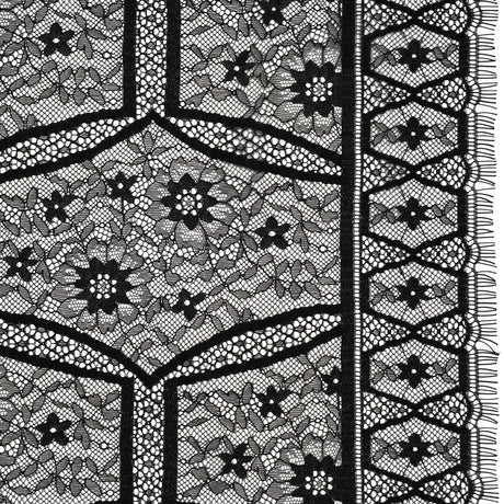 Raschel Lace Panel with Finished Edges - Black Geometric and Floral