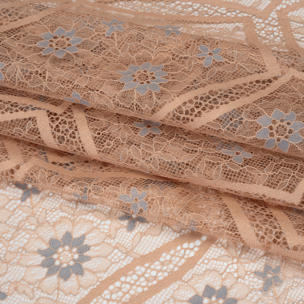 Raschel Lace Panel with Finished Edges - Sand and Steel Blue Geometric and Floral