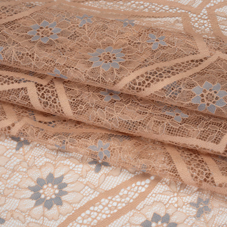 Raschel Lace Panel with Finished Edges - Sand and Steel Blue Geometric and Floral