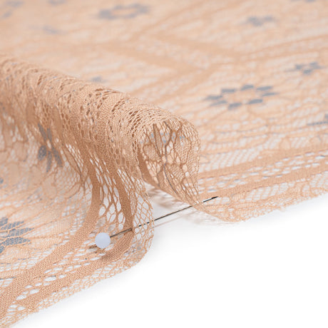 Raschel Lace Panel with Finished Edges - Sand and Steel Blue Geometric and Floral