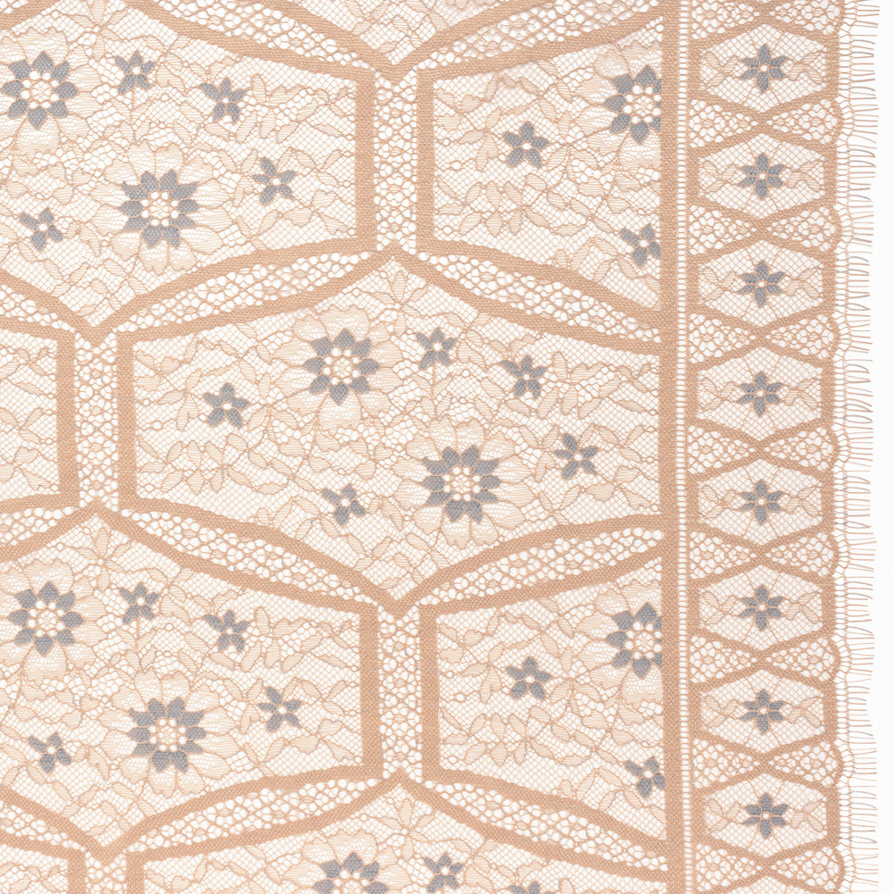 Raschel Lace Panel with Finished Edges - Sand and Steel Blue Geometric and Floral