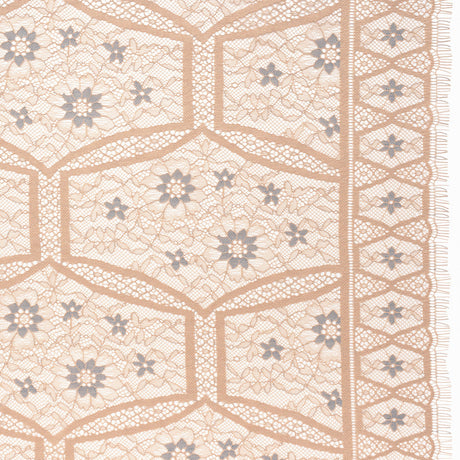 Raschel Lace Panel with Finished Edges - Sand and Steel Blue Geometric and Floral