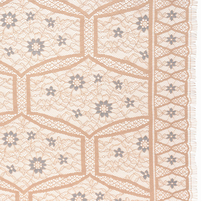 Raschel Lace Panel with Finished Edges - Sand and Steel Blue Geometric and Floral