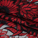 Raschel Lace Panel with Finished Edges - Black and Red Bold Daisies and Leaves