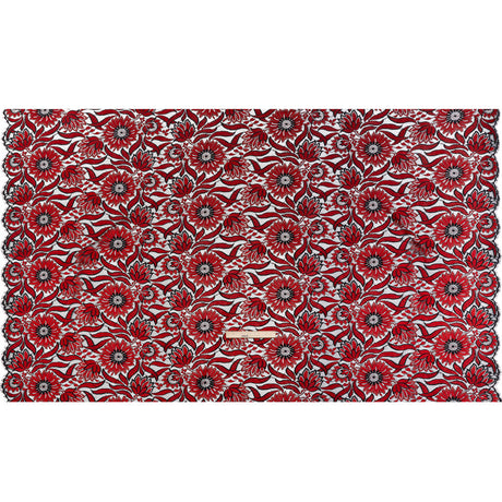 Raschel Lace Panel with Finished Edges - Black and Red Bold Daisies and Leaves