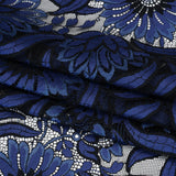 Raschel Lace Panel with Finished Edges - Black and Blue Bold Daisies and Leaves