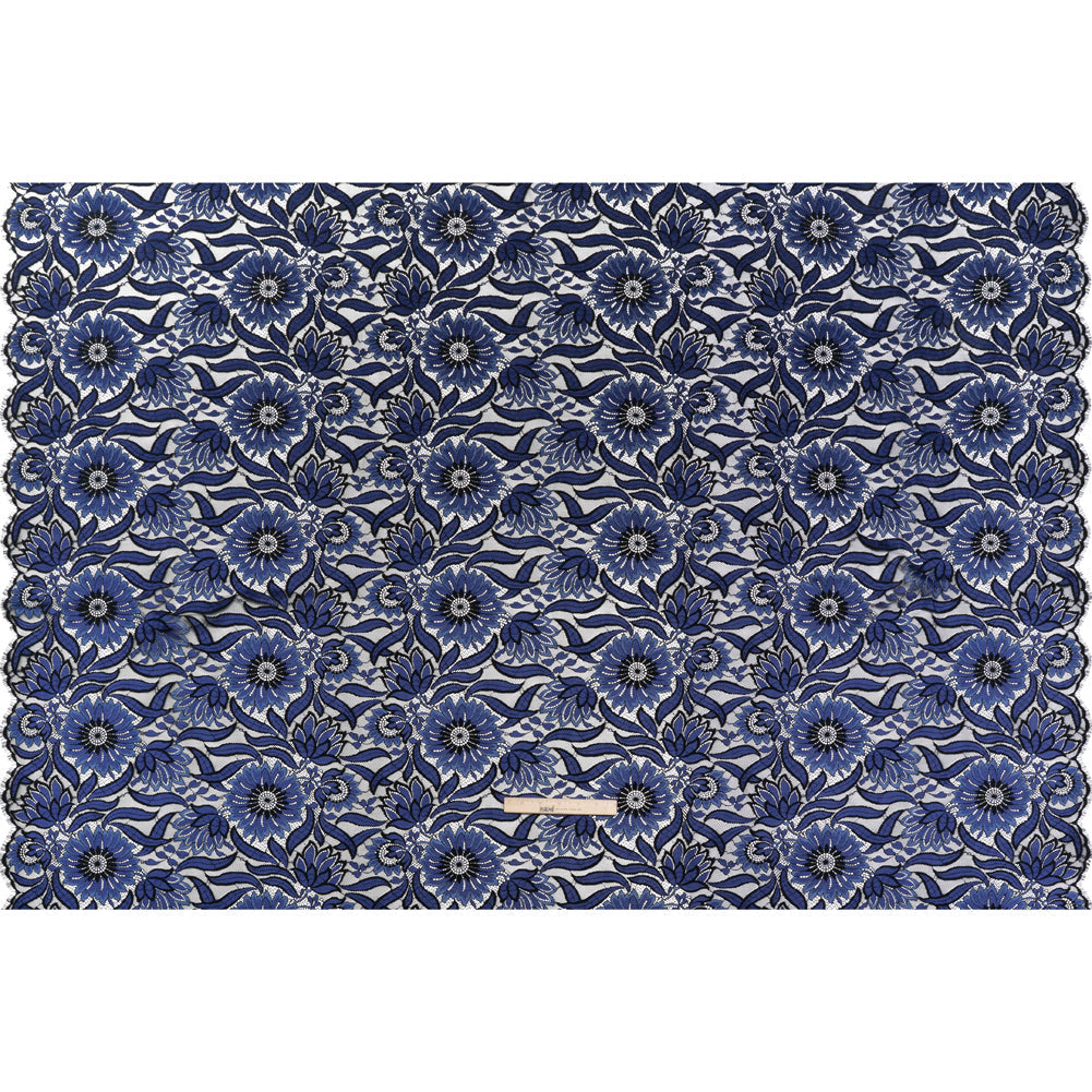Raschel Lace Panel with Finished Edges - Black and Blue Bold Daisies and Leaves